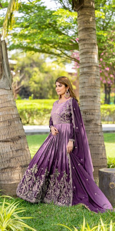 Ram 096 Purple Color Chinon Sequence Embroidery Work Gown Casual, Wedding, Festive, Events . Expected Delivery 4-6 Working Days @2449/- only | Bollywood Gowns, Creative Gowns, Designer Gowns, Embroidered Gowns, Gowns, Party Wear Gowns, Straight Suits