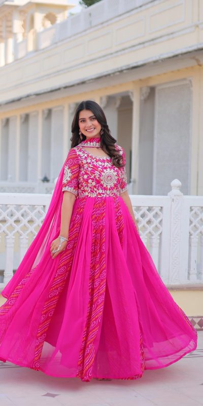 Ram 075 Pink Color Bandhej Fox Georgette Sequence Work Gown Casual, Wedding, Party, Festive, Events Etc.4-6 Working Days@ 2049/-only | Bollywood Gowns, Creative Gowns, Designer Gowns, Embroidered Gowns, Gowns, Party Wear Gowns