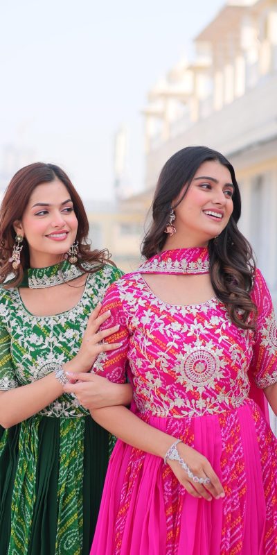 Ram 075 Pink Color Bandhej Fox Georgette Sequence Work Gown Casual, Wedding, Party, Festive, Events Etc.4-6 Working Days@ 2049/-only | Bollywood Gowns, Creative Gowns, Designer Gowns, Embroidered Gowns, Gowns, Party Wear Gowns