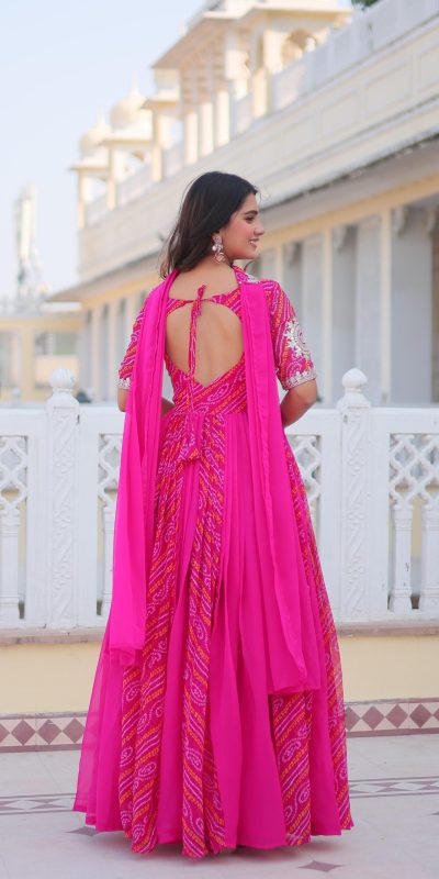 Ram 075 Pink Color Bandhej Fox Georgette Sequence Work Gown Casual, Wedding, Party, Festive, Events Etc.4-6 Working Days@ 2049/-only | Bollywood Gowns, Creative Gowns, Designer Gowns, Embroidered Gowns, Gowns, Party Wear Gowns