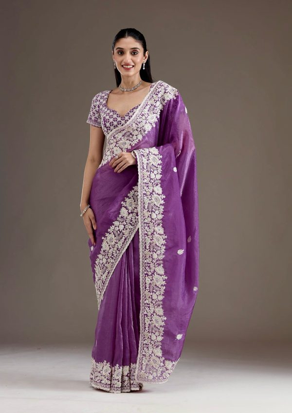 Stylist Purple Color Gold Crush Sequins Work Fancy Border Saree