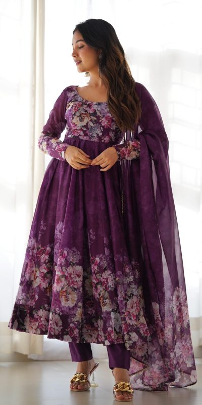 KB 261 Wine Color Soft Organza Silk Print With Kali Gown Casual, Wedding, Party, Festive, Events Etc.4-6 Working Days@ 1999/-only | Bollywood Gowns, Creative Gowns, Designer Gowns, Embroidered Gowns, Gowns, Party Wear Gowns