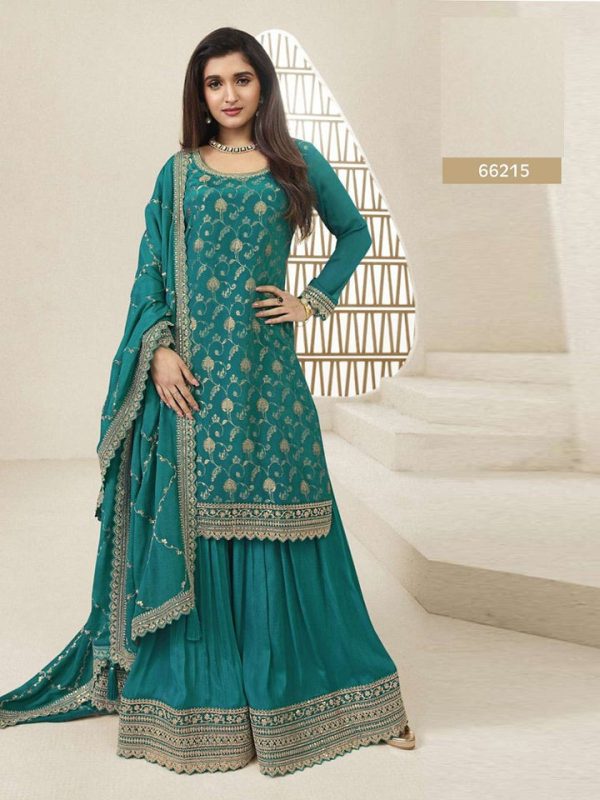 Superb Blue Color Jacquard Silk Chinon Multi Work Salwar Suit