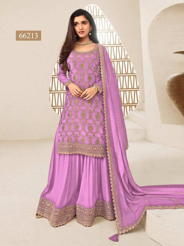 Superb Light Purple Color Jacquard Silk Chinon Multi Work Salwar Suit