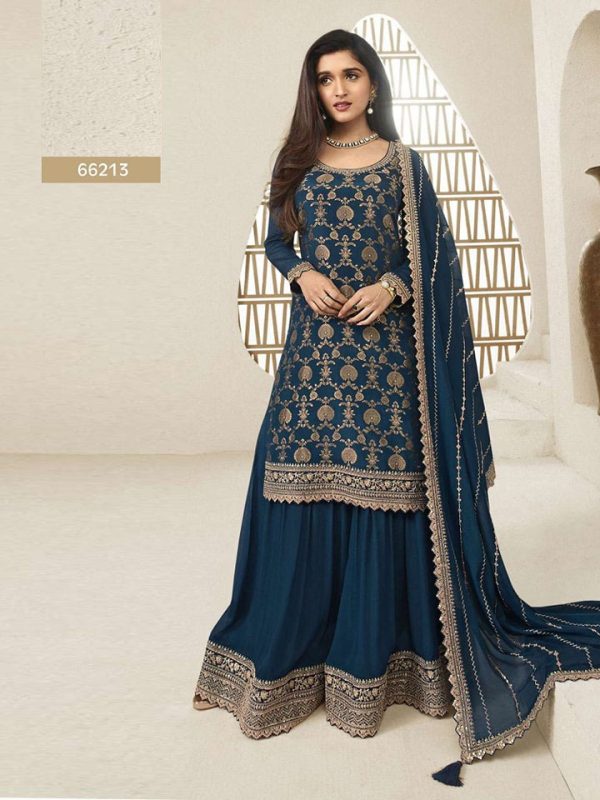 Superb Navy Blue Color Jacquard Silk Chinon Multi Work Salwar Suit