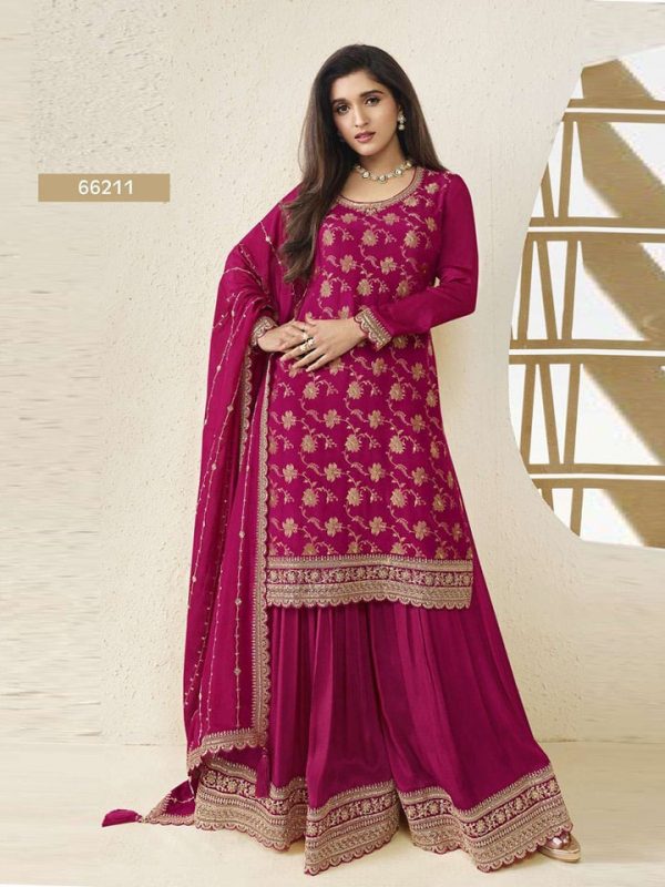 Superb Rani Pink Color Jacquard Silk Chinon Multi Work Salwar Suit