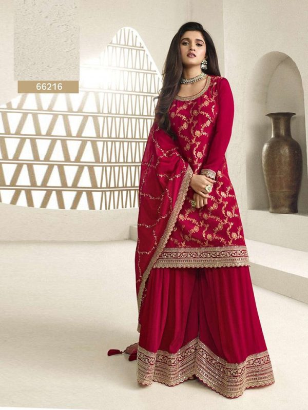 Superb Red Color Jacquard Silk Chinon Multi Work Salwar Suit