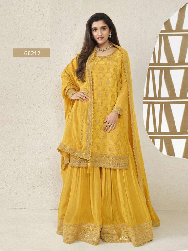 Superb Yellow Color Jacquard Silk Chinon Multi Work Salwar Suit