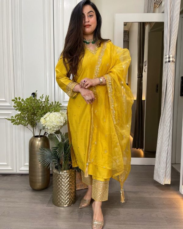 Superb Yellow Color Roman Silk Sequence With Mirror Work Salwar Suit