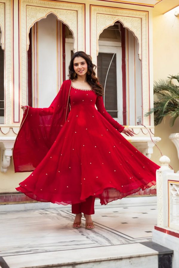 Traditional Red Color Georgette Handwork Real Diamond Salwar Suit