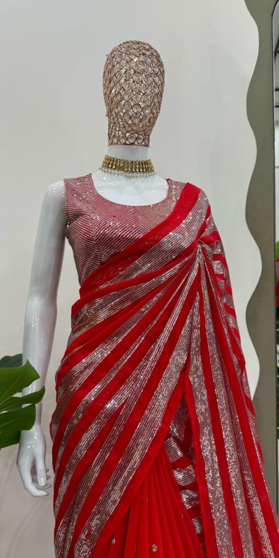 KD 582 Red Color Georgette Thread Sequence Work Saree Casual, Wedding, Festive, Events . Expected Delivery 4-6 Working Days @1999/- only | Bollywood Sarees, Creative Sarees, Designer Sarees, Embroidered Sarees, Ethnic Saree, Modern Digital sarees, Party Wear Sarees, Sarees