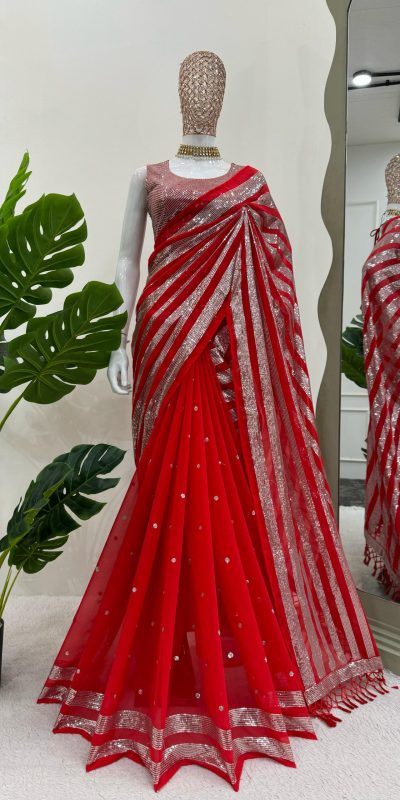 KD 582 Red Color Georgette Thread Sequence Work Saree Casual, Wedding, Festive, Events . Expected Delivery 4-6 Working Days @1999/- only | Bollywood Sarees, Creative Sarees, Designer Sarees, Embroidered Sarees, Ethnic Saree, Modern Digital sarees, Party Wear Sarees, Sarees