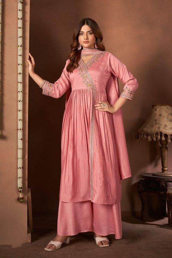 Trendy Peach Color Vichitra Embroidery Work Salwar Suit