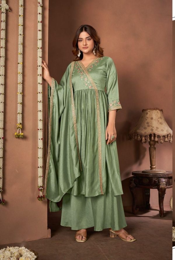 Trendy Pista Color Vichitra Embroidery Work Salwar Suit