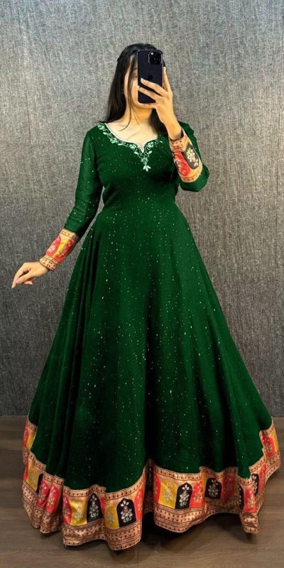 MF 781 Green Georgette Wide Sequence Work Anarkali Gown Wedding Party, Festive, Events Etc.4-6 Working Days @ 1649/ - only | Bollywood Gowns, Creative Gowns, Designer Gowns, Embroidered Gowns, Gowns, Party Wear Gowns, Straight Suits