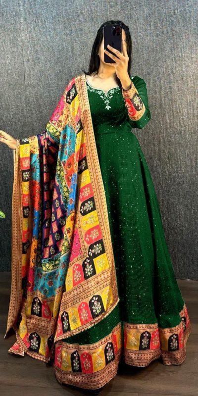 MF 781 Green Georgette Wide Sequence Work Anarkali Gown Wedding Party, Festive, Events Etc.4-6 Working Days @ 1649/ - only | Bollywood Gowns, Creative Gowns, Designer Gowns, Embroidered Gowns, Gowns, Party Wear Gowns, Straight Suits