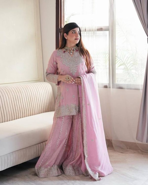 Wonderful Pink Color Chinon Sequence Rivet Moti Salwar Suit