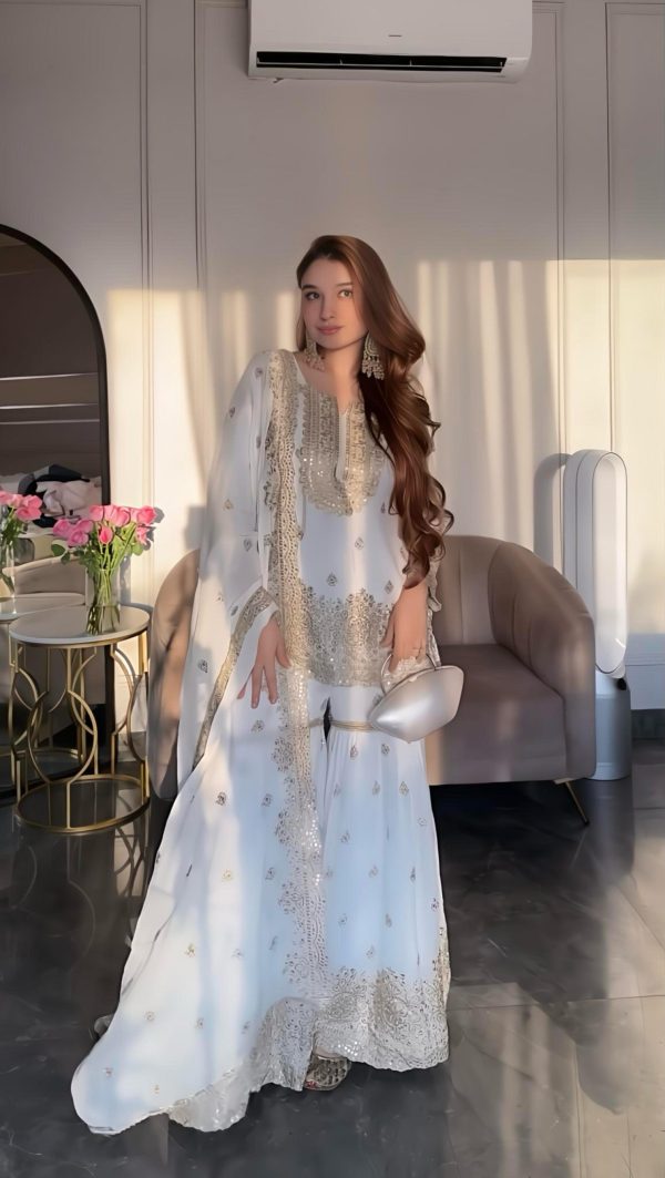 Wonderful White Color Chinon Silk Embroidery Sequence Work Salwar Suit