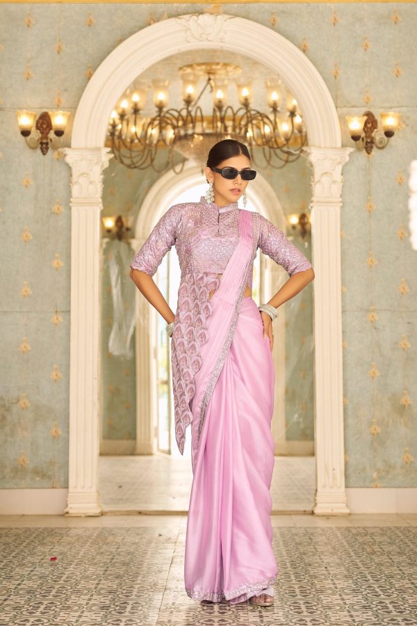 Fantastic Purple Color Chinon Embroidery Work Lace Border Saree
