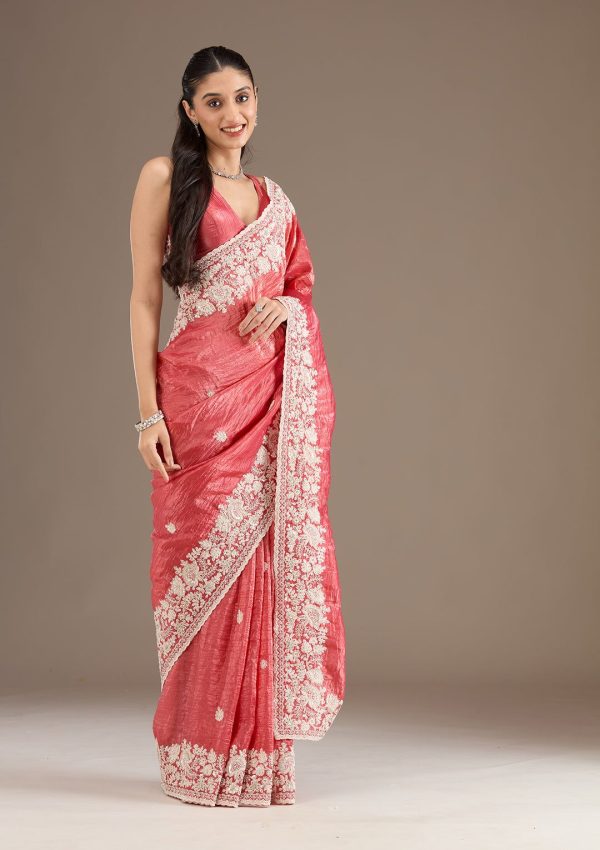 Stylist Peach Color Gold Crush Sequins Work Fancy Border Saree