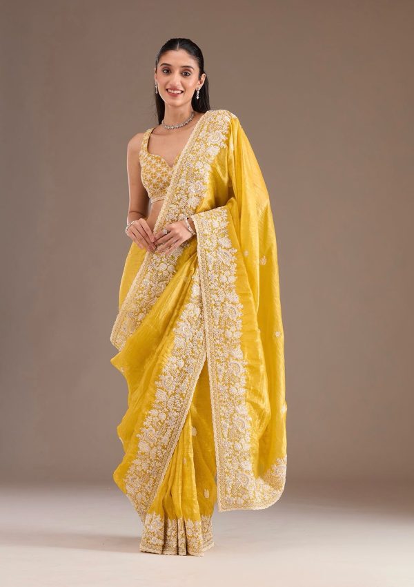 Stylist Yellow Color Gold Crush Sequins Work Fancy Border Saree