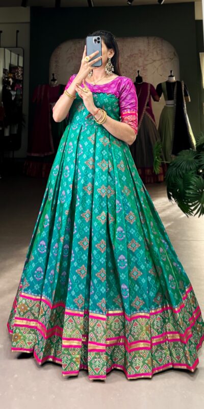 YNF 5308 Firozi Color Jacquard Silk Patola Print Zari Weaving Work Gown Casual, Wedding, Festive, Events . Expected Delivery 4-6 Working Days @2149/- only | Bollywood Gowns, Creative Gowns, Designer Gowns, Embroidered Gowns, Gowns, Party Wear Gowns