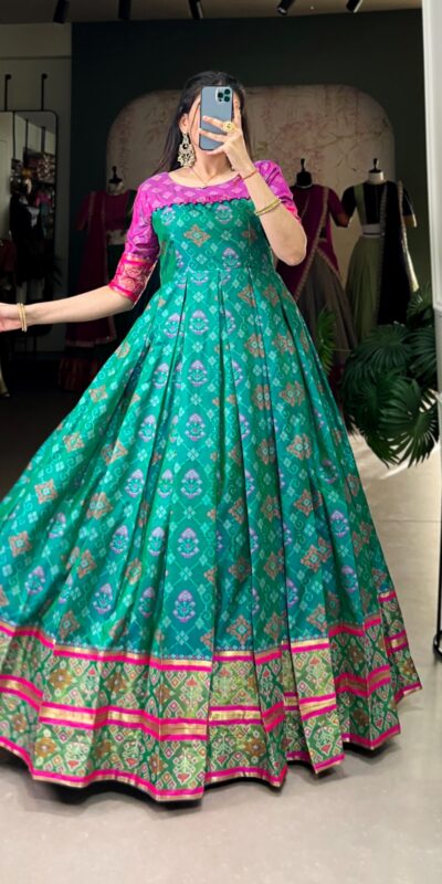 YNF 5308 Firozi Color Jacquard Silk Patola Print Zari Weaving Work Gown Casual, Wedding, Festive, Events . Expected Delivery 4-6 Working Days @2149/- only | Bollywood Gowns, Creative Gowns, Designer Gowns, Embroidered Gowns, Gowns, Party Wear Gowns