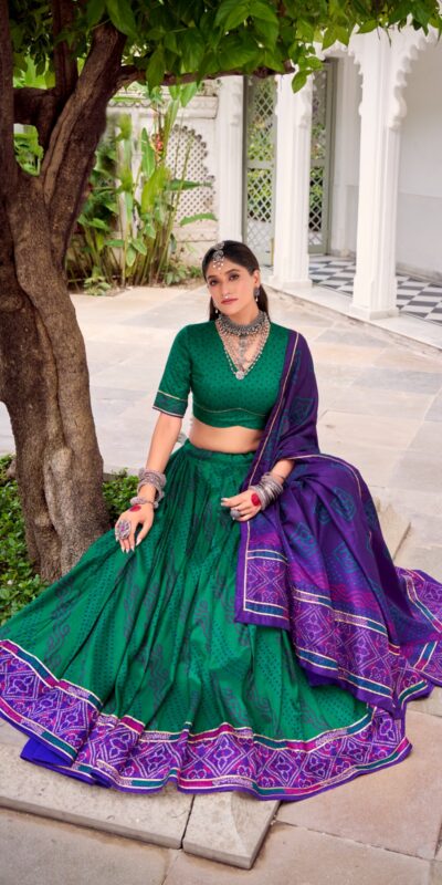 LNB 1250 Green Color Tasar Silk Bandhej Print With Gotta Patti Lace Lehenga Choli Festive Party Wedding, Events etc. Delivery 4-6 Working Days @2149/- | Bollywood Lehenga, Creative Lehenga, Designer Lehenga, Embroidered Lehenga, Lehenga, Party Wear Lehenga