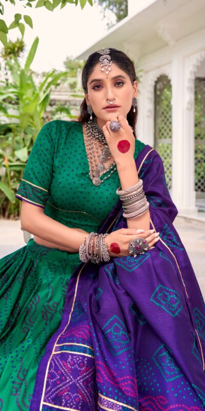 LNB 1250 Green Color Tasar Silk Bandhej Print With Gotta Patti Lace Lehenga Choli Festive Party Wedding, Events etc. Delivery 4-6 Working Days @2149/- | Bollywood Lehenga, Creative Lehenga, Designer Lehenga, Embroidered Lehenga, Lehenga, Party Wear Lehenga