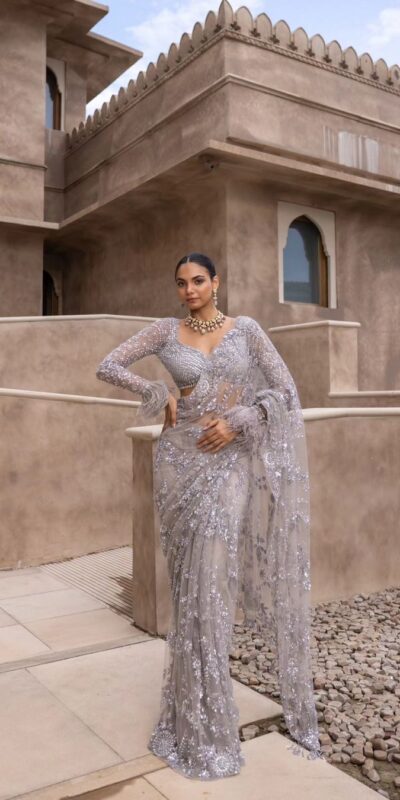 DF 3395 Grey Color Mono Net 5mm Multi & Sequins Embroidery Work Saree Casual, Wedding, Festive, Events . Expected Delivery  4-6 Working Days @1799/- only                                                                                | Bollywood Sarees, Creative Sarees, Designer Sarees, Embroidered Sarees, Ethnic Saree, Modern Digital sarees, Party Wear Sarees, Sarees