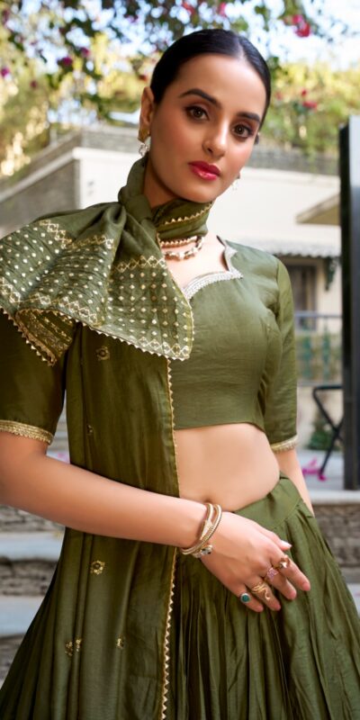 LNB 1906 Mehndi Color Pure Chanderi Plain With Zari Weaving Work Border Lehenga Choli Wedding, Party, Festive, Events Etc. Delivery 4-6 Working Days Rs 1999 | Bollywood Lehenga, Creative Lehenga, Designer Lehenga, Embroidered Lehenga, Lehenga, Party Wear Lehenga