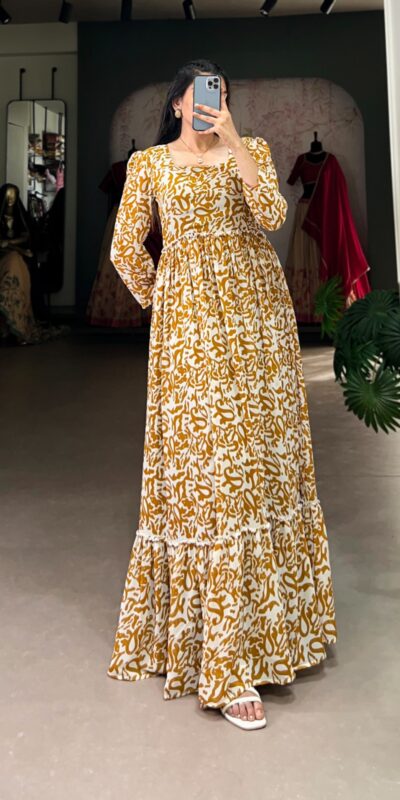 YNF 5016 Mustard Color Georgette Plain Sequins Embroidery Lace Gown Casual, Wedding, Festive, Events . Expected Delivery 4-6 Working Days @1599/- only | Bollywood Gowns, Creative Gowns, Designer Gowns, Embroidered Gowns, Gowns, Party Wear Gowns