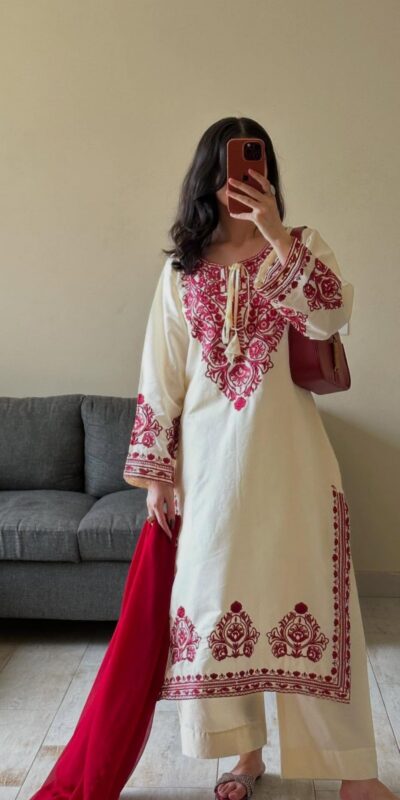 BE 386 Off White Color Roman Silk Embroidery Work Salwar Suit Casual, Wedding, Festive, Events . Expected Delivery 4-6 Working Days @1899/- only | Jump Suits, Casual Suits, Creative suits, Designer Suits, Palazzo Suits, Party Wear Suits, Patiala Suits, Salwar suit, Straight Suits