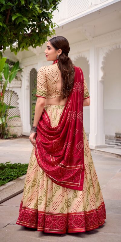 LNB 1250 Off White Color Tasar Silk Bandhej Print With Gotta Patti Lace Lehenga Choli Festive Party Wedding, Events etc. Delivery 4-6 Working Days @2149/- | Bollywood Lehenga, Creative Lehenga, Designer Lehenga, Embroidered Lehenga, Lehenga, Party Wear Lehenga