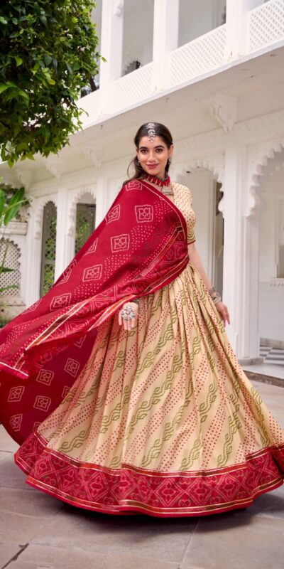 LNB 1250 Off White Color Tasar Silk Bandhej Print With Gotta Patti Lace Lehenga Choli Festive Party Wedding, Events etc. Delivery 4-6 Working Days @2149/- | Bollywood Lehenga, Creative Lehenga, Designer Lehenga, Embroidered Lehenga, Lehenga, Party Wear Lehenga