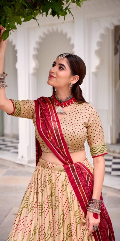 LNB 1250 Off White Color Tasar Silk Bandhej Print With Gotta Patti Lace Lehenga Choli Festive Party Wedding, Events etc. Delivery 4-6 Working Days @2149/- | Bollywood Lehenga, Creative Lehenga, Designer Lehenga, Embroidered Lehenga, Lehenga, Party Wear Lehenga