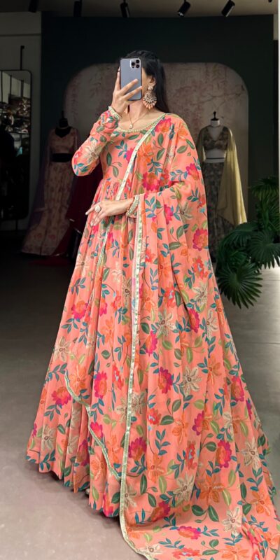 YNF 5010 Peach Color Georgette Floral Print With Lace Touch Up Gown Casual, Wedding, Festive, Events . Expected Delivery 4-6 Working Days @1849/- only | Bollywood Gowns, Creative Gowns, Designer Gowns, Embroidered Gowns, Gowns, Party Wear Gowns