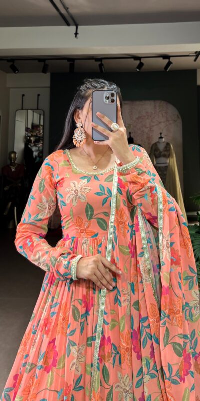 YNF 5010 Peach Color Georgette Floral Print With Lace Touch Up Gown Casual, Wedding, Festive, Events . Expected Delivery 4-6 Working Days @1849/- only | Bollywood Gowns, Creative Gowns, Designer Gowns, Embroidered Gowns, Gowns, Party Wear Gowns