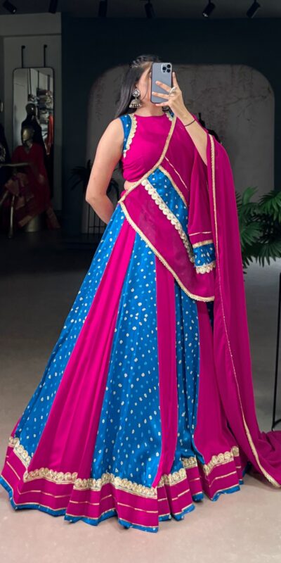 LNB 1673 Pink Color Tasar Silk Bandhej Print With Lace Touch Up Lehenga Choli Wedding, Party, Festive, Events Etc. Delivery 4-6 Working Days Rs 3099 | Bollywood Lehenga, Creative Lehenga, Designer Lehenga, Embroidered Lehenga, Lehenga, Party Wear Lehenga