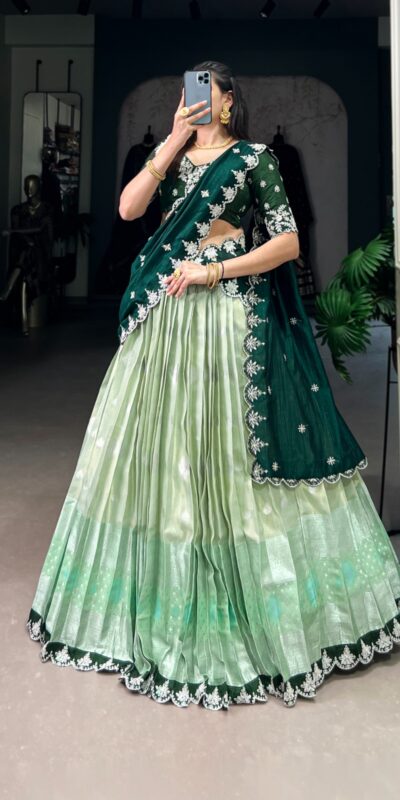 LNB 2024 Pista Color Zari Kota Weaving Work Sequins Thread Embroidery Lehenga Choli Festive Party Wedding, Events etc. Delivery 4-6 Working Days @2999/- | Bollywood Lehenga, Creative Lehenga, Designer Lehenga, Embroidered Lehenga, Lehenga, Party Wear Lehenga