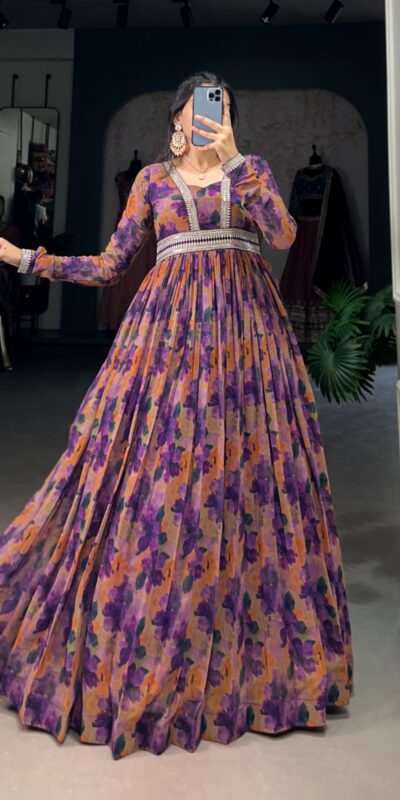 YNF 5019 Purple Color Georgette Floral print with Lace Border Gown Casual, Wedding, Festive, Events . Expected Delivery 4-6 Working Days @1799/- only | Bollywood Gowns, Creative Gowns, Designer Gowns, Embroidered Gowns, Gowns, Party Wear Gowns