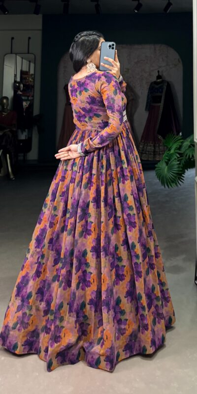 YNF 5019 Purple Color Georgette Floral print with Lace Border Gown Casual, Wedding, Festive, Events . Expected Delivery 4-6 Working Days @1799/- only | Bollywood Gowns, Creative Gowns, Designer Gowns, Embroidered Gowns, Gowns, Party Wear Gowns