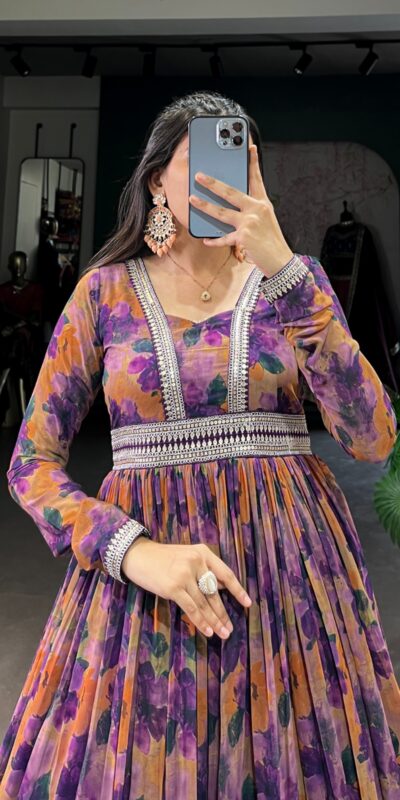 YNF 5019 Purple Color Georgette Floral print with Lace Border Gown Casual, Wedding, Festive, Events . Expected Delivery 4-6 Working Days @1799/- only | Bollywood Gowns, Creative Gowns, Designer Gowns, Embroidered Gowns, Gowns, Party Wear Gowns