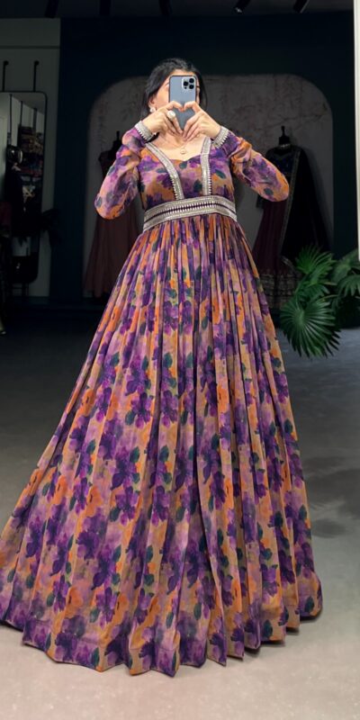 YNF 5019 Purple Color Georgette Floral print with Lace Border Gown Casual, Wedding, Festive, Events . Expected Delivery 4-6 Working Days @1799/- only | Bollywood Gowns, Creative Gowns, Designer Gowns, Embroidered Gowns, Gowns, Party Wear Gowns
