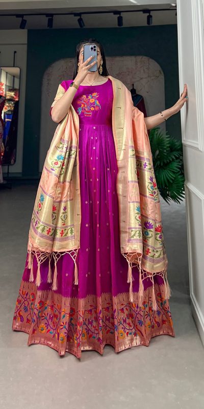 YNF 5302 Purple Color Jacquard Silk Paithani Designer Gown Casual, Wedding Festive, Events, Designer Party Wear Expected Delivery 4-6 Working Days @2549 | Bollywood Gowns, Creative Gowns, Designer Gowns, Embroidered Gowns, Gowns, Party Wear Gowns