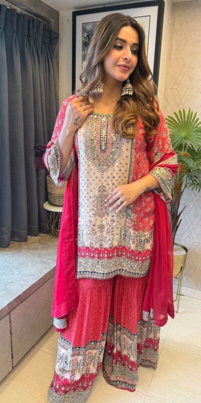 BE 387 Red Color Chinon Printed With Real Mirror Work Salwar Suit Casual, Wedding, Festive, Events . Expected Delivery 4-6 Working Days @1899/- only | Jump Suits, Casual Suits, Creative suits, Designer Suits, Palazzo Suits, Party Wear Suits, Patiala Suits, Salwar suit, Straight Suits