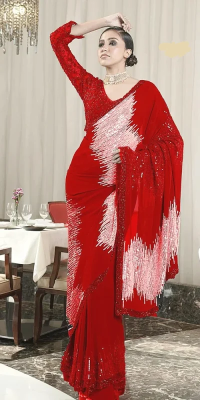 Red Georgette Sequins Work Saree