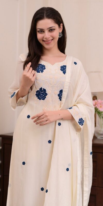 BE 382 White Color Roman Silk Embroidery Work Salwar Suit Casual, Wedding, Festive, Events . Expected Delivery 4-6 Working Days @1949/- only | Jump Suits, Tops & Bottoms, Track Suits, Trendy Wear, Casual Suits, Creative suits, Designer Suits, Palazzo Suits, Party Wear Suits, Patiala Suits, Salwar suit, Straight Suits