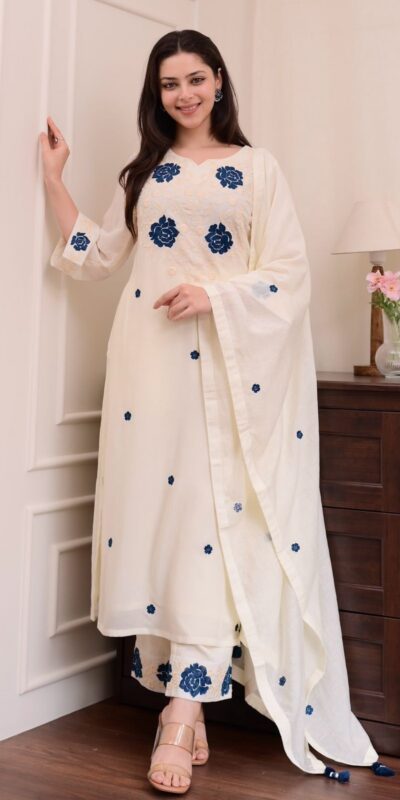 BE 382 White Color Roman Silk Embroidery Work Salwar Suit Casual, Wedding, Festive, Events . Expected Delivery 4-6 Working Days @1949/- only | Jump Suits, Tops & Bottoms, Track Suits, Trendy Wear, Casual Suits, Creative suits, Designer Suits, Palazzo Suits, Party Wear Suits, Patiala Suits, Salwar suit, Straight Suits