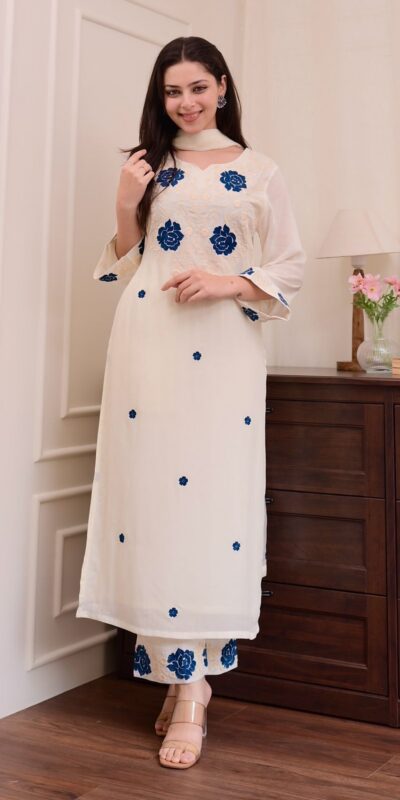 BE 382 White Color Roman Silk Embroidery Work Salwar Suit Casual, Wedding, Festive, Events . Expected Delivery 4-6 Working Days @1949/- only | Jump Suits, Tops & Bottoms, Track Suits, Trendy Wear, Casual Suits, Creative suits, Designer Suits, Palazzo Suits, Party Wear Suits, Patiala Suits, Salwar suit, Straight Suits